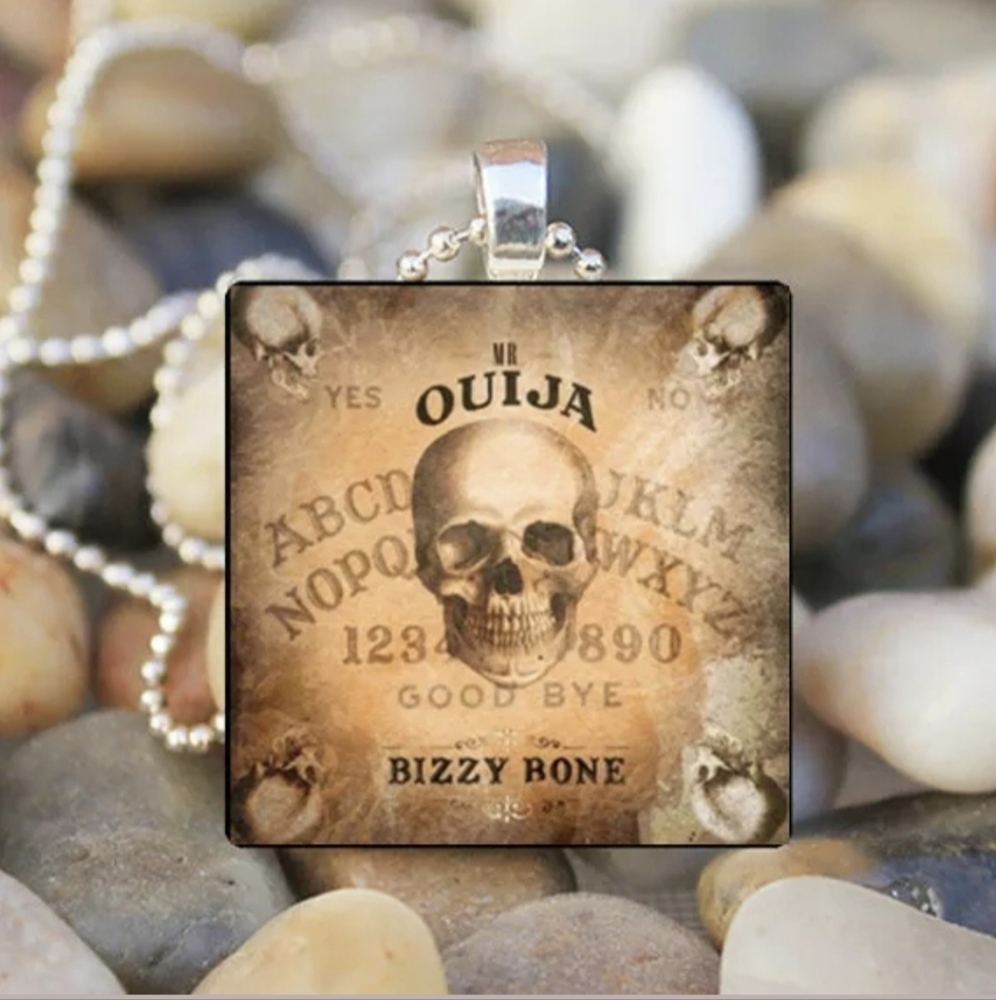 New Ouija Board Skull Bizzy Bones Silver Glass Square Cabochon Necklace.